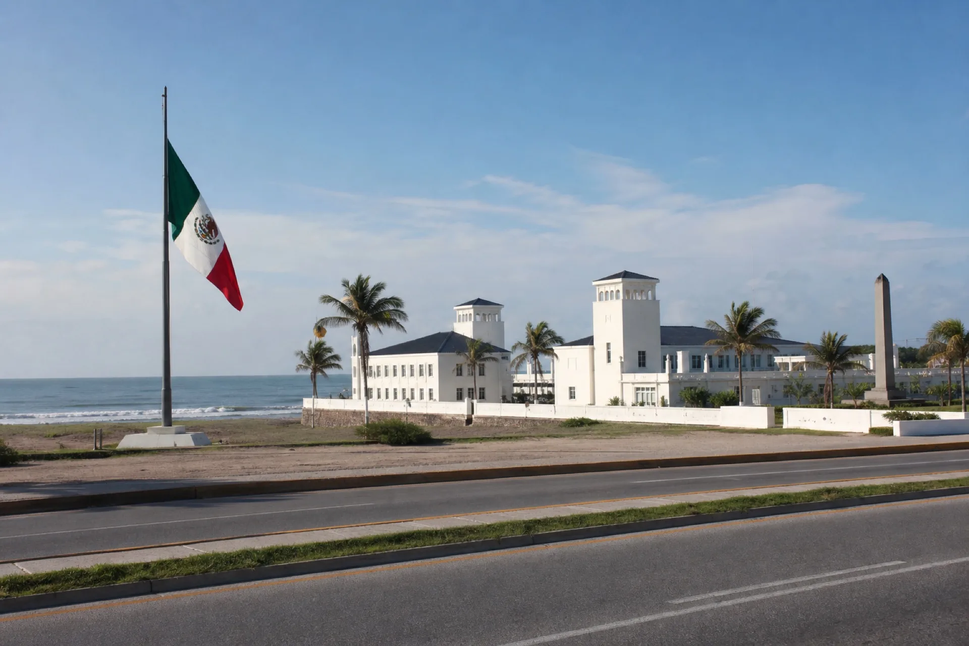 Vista lejana de la Heroica Escuela Naval Militar desde la costa de Antón Lizardo.