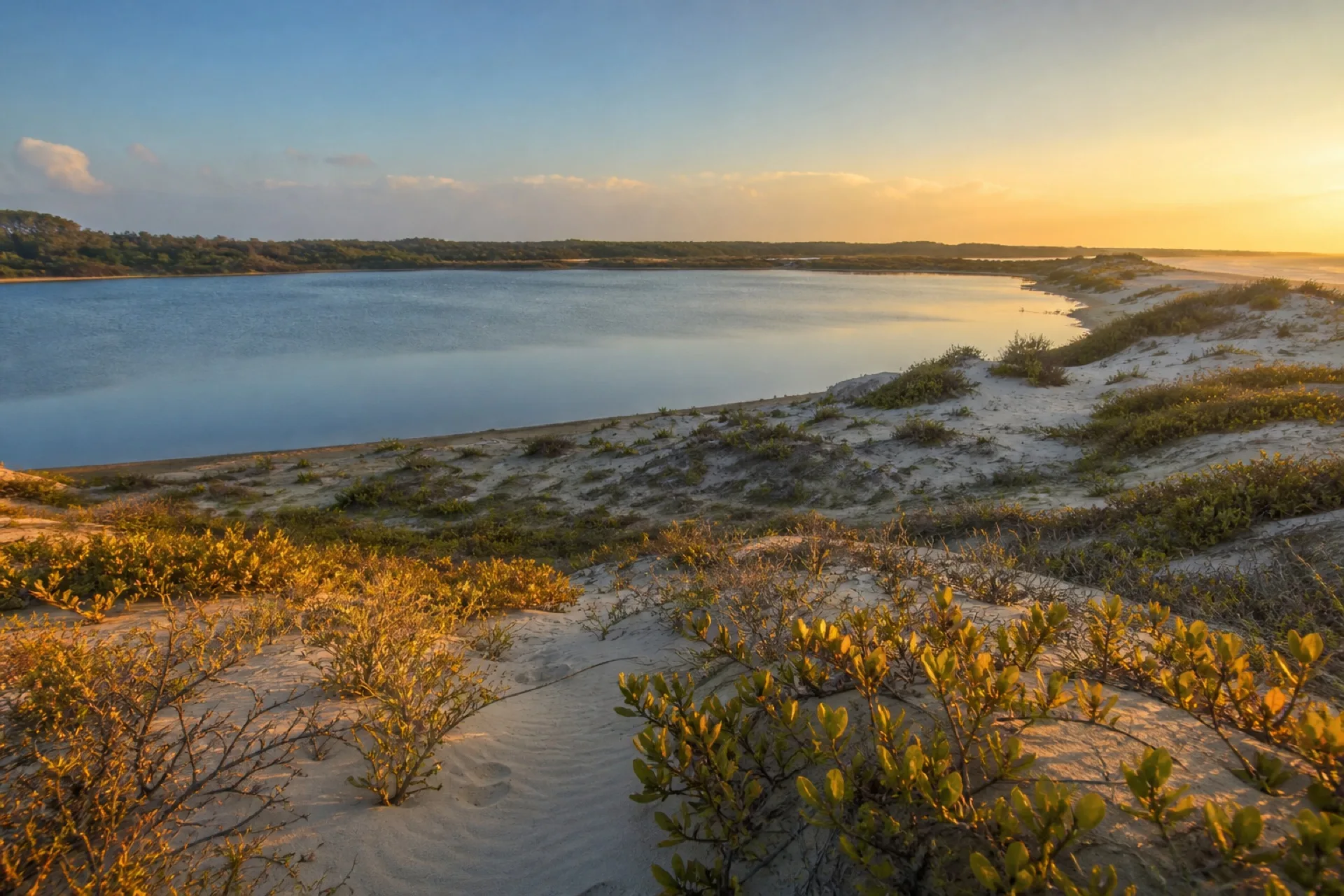 Laguna costera de La Mancha y El Llano, humedal Ramsar con dunas y vegetación.
