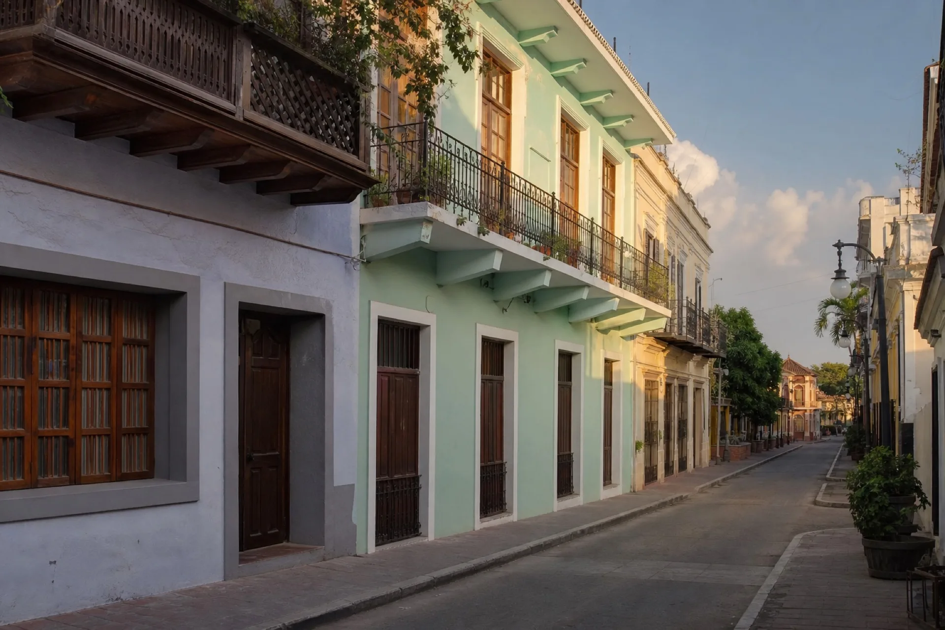 Calle del casco franco-mexicano de San Rafael con balcones de madera.