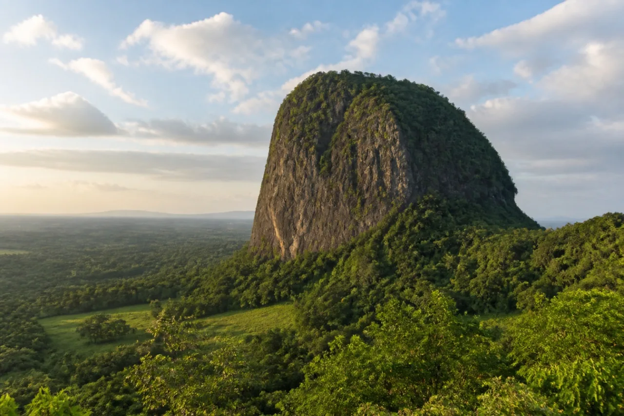 Peñón del Encanto, afloramiento volcánico entre selva.