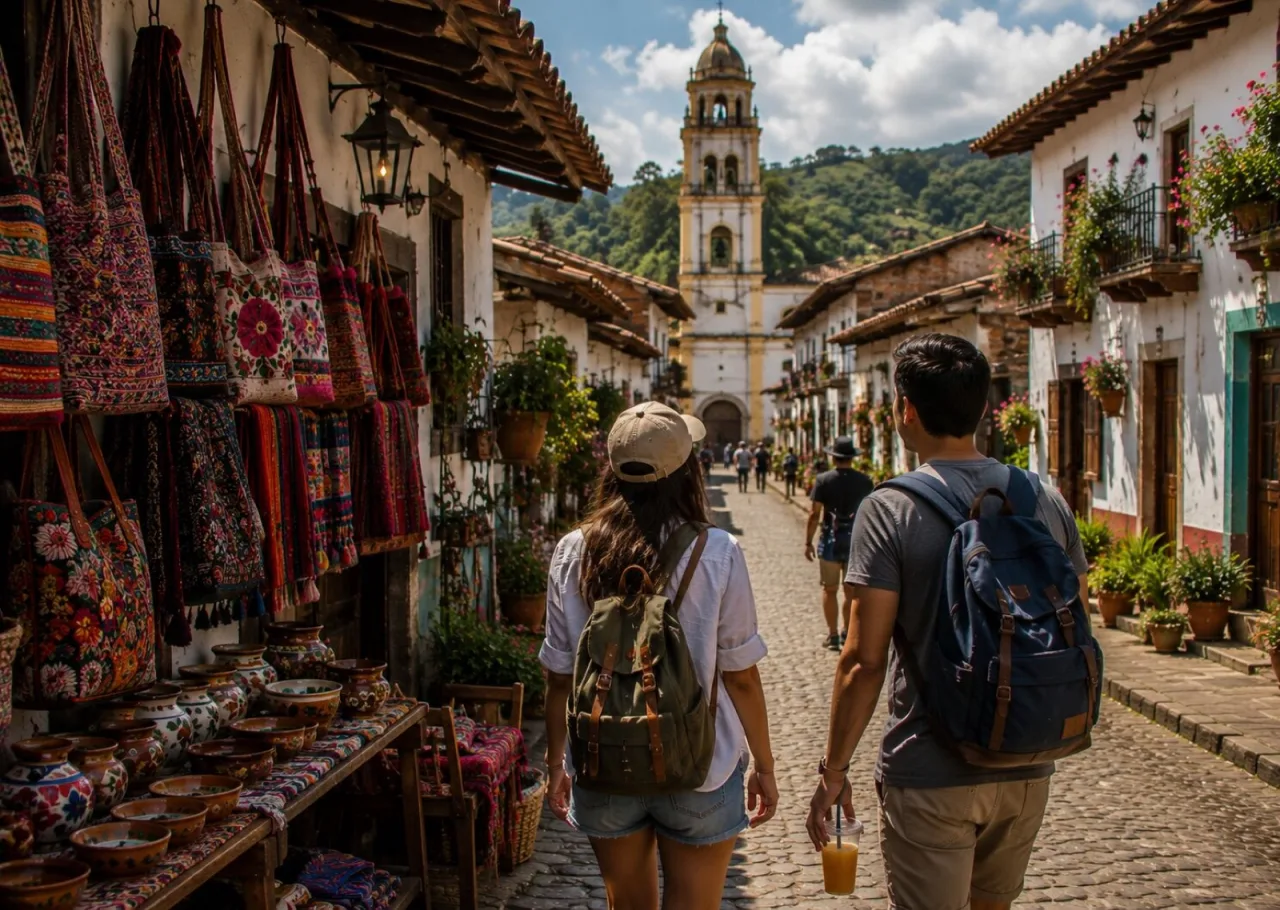 Calle empedrada de Naolinco hacia la parroquia y el cerro.